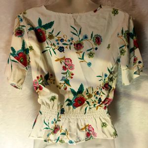 SALE! White Floral Cinched Waist Top