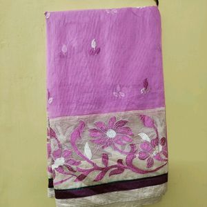 Pink Embroidery Super Net Saree With Blouse