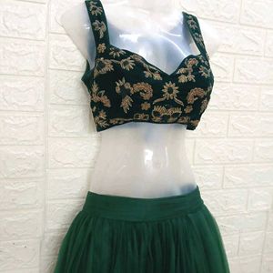 Green Velvet Zariwork Blouse with Net Lehengacholi