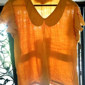 Mustard Yellow Top With Blue Kalamkari Bow