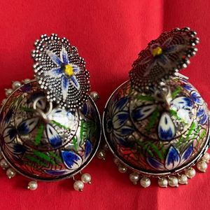 Hand Painted Blue Meenakari Big Jhumka