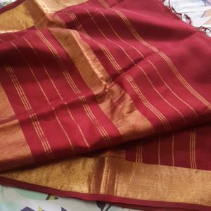 Pure Chanderi Silk Saree In Mustard And Maroon