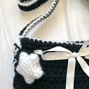 Crochet White Ribbon Black Sling Bag