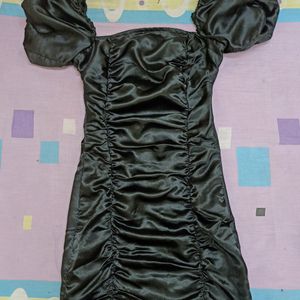 BLACK RUCHED BODYCON SATIN DRESS