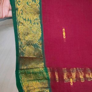 Maroon Colour Cotton Linen Pattu Saree