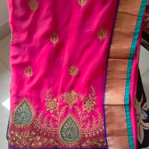 New Dark Pink Embroidered Saree With Blouse