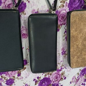 Leather Double Metal Zipper Womens Purse 3 Pcs