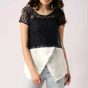 Navy Blue & White Semi-Sheer Top