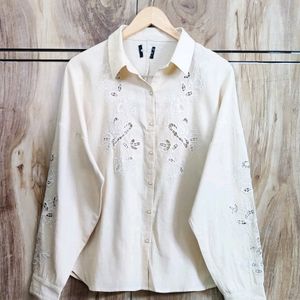 Cream Embroidery Work Shirt Size-38