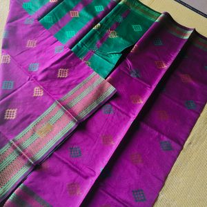 Green and Purple Cotton Silk Saree