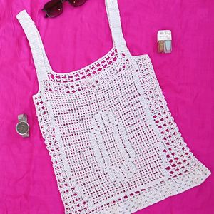 Shimmering White Crochet Party Top(Women's)