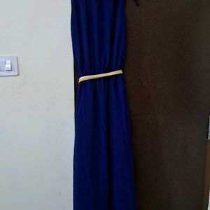 Navy Blue Evening Gown With Golden Cloth Belt