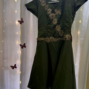 Olive Green Dress With Golden Scallops