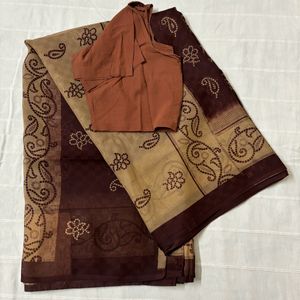 Dark Brown Cotton Saree with Blouse