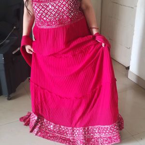 Hot Pink Mirror Work Gown with Duppata
