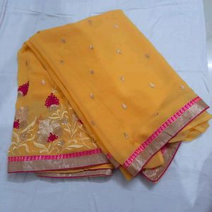 Gorgeous Mustard Silk Saree With Pink Embroidery