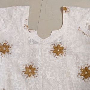 Straight White Kurti with Golden thread Motif Work