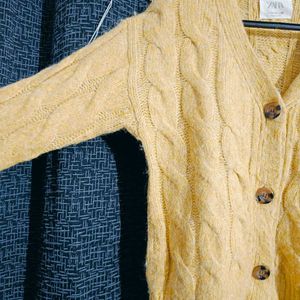 New Zara Yellow Chunky Knit Cardigan Sweater.