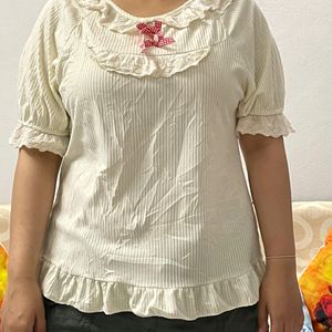 Cute Ribbon And White Frills Top