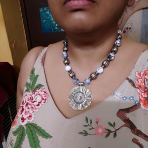 Black & White Agate Necklace With Afghani Pendant