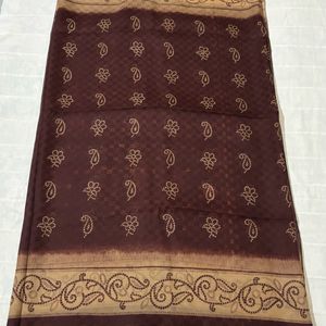 Dark Brown Cotton Saree with Blouse