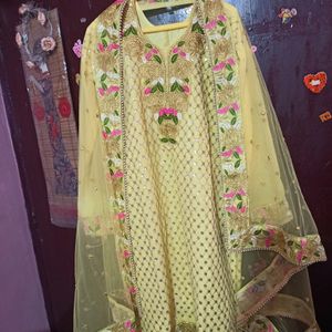 Sequin Yellow Pallazo Semi Stitched Suit