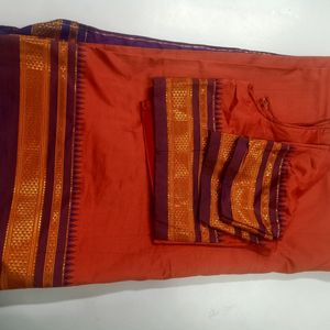 Peach And Dark Blue Combinetion Saree With Blouse
