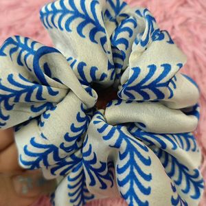 Blue And White Satin Scrunchie