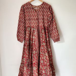 Hand Block Print Rust Midi Dress