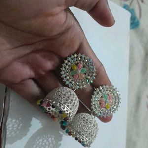 Silver White With Colourful Buds Jhumkas For Women