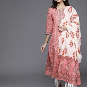 Red Floral Cotton Kurta For Women