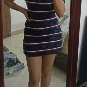 Crew Neck Striped Navy Blue Red Short Sleeve Dress