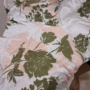 White TShirt Top With Cream And Olive Prints