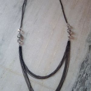 Multi Chain Silver & Gun Metal Necklace w/ AB Black, Smoky Crystal Beads 30" L