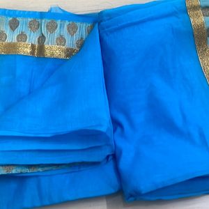 Blue Saree With Golden Border