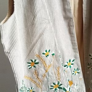 Sangria Floral Embroidery Open Front Corduroy Vest