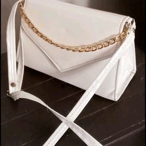 White Slingbag With Golden Chain For Girls And Wom