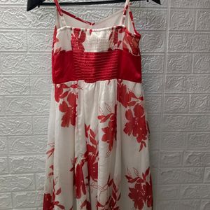 Red Floral Printing White Spaghetti Dress