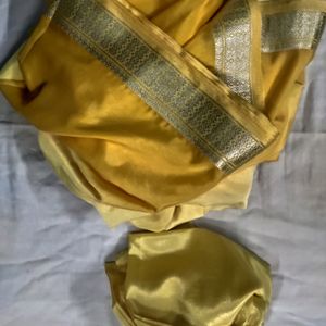 Yellow  Crape Silk Sari With blouse Pie