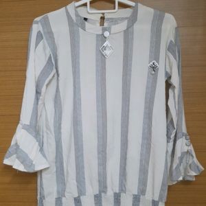 Striped Off-white Casual T-shirt With Bell Sleeves