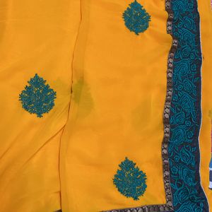 Yellow Green Embroidered Saree
