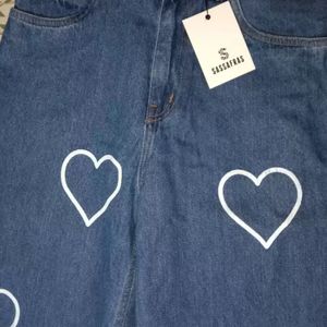 Heart Printed Wide Leg Jeans