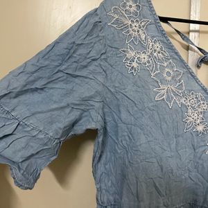 Women Denim Embroidered Flower Neck Dress