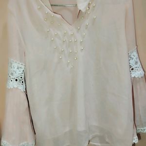 Peachy Sheer Top With Beads Detail