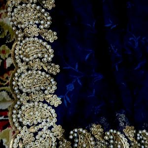 Navy Blue Saree With Pearl And Thread Work Border