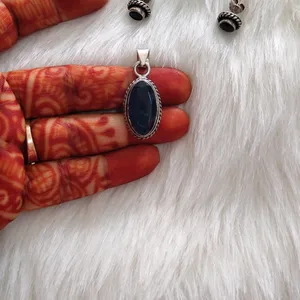 925 Silver Sapphire Stone Pendant Set Wth Hallmark