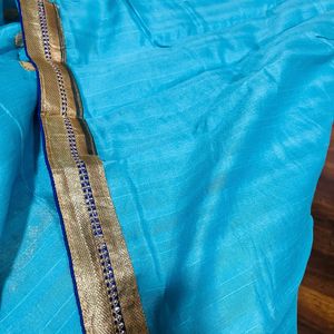 Golden Thread work Turquoise blue color saree