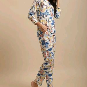 Floral Rayon Blue Night Suit for Women/Pajama Set