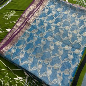 Blue Banarasi Tissue Saree With Silver Jari