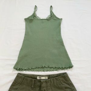 Y2K Sage Green Lace Trim Fitted Rib Tank top